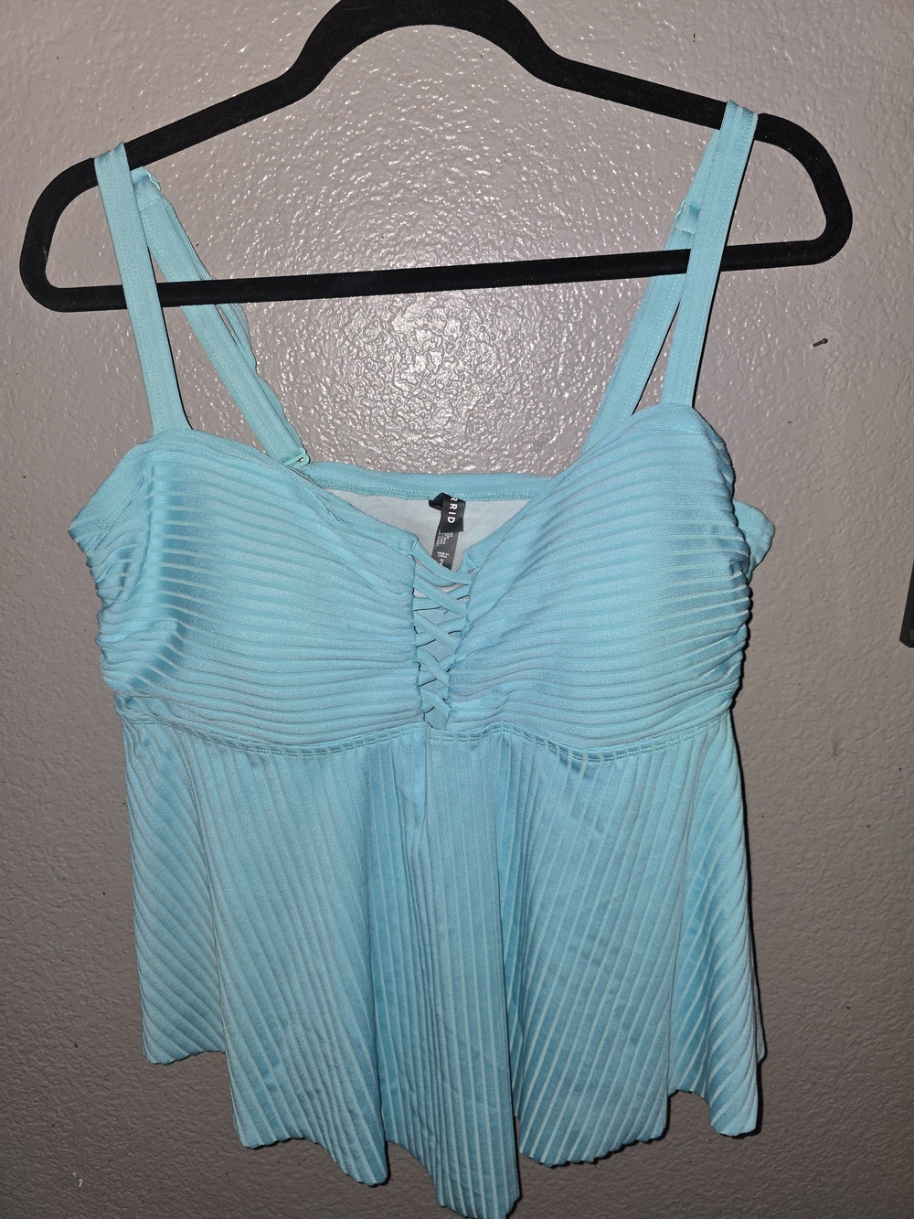 torrid Light Aqua Pleated Swim Cami with Lace-Up Bust